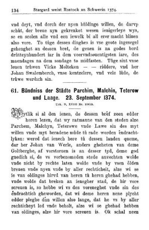 61. Bündniss der Städte Parchim, Malchin, Teterow und Laage. 23. September 1374.