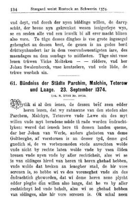 61. Bündniss der Städte Parchim, Malchin, Teterow und Laage. 23. September 1374.