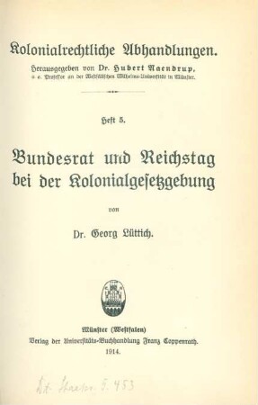 Bundesrat und Reichstag bei der Kolonialgesetzgebung