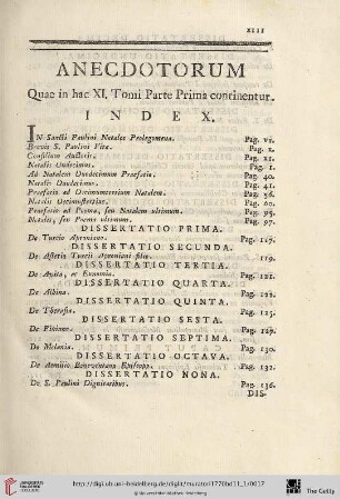 Anecdotorium. Quea in hac XI. Tomi Parte Prima continentur. Index