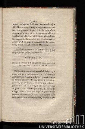 Art. IV. De la nature du terrein propre a la betterave, et du climat