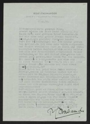Brief von Rolf Italiaander an Margarete Hauptmann