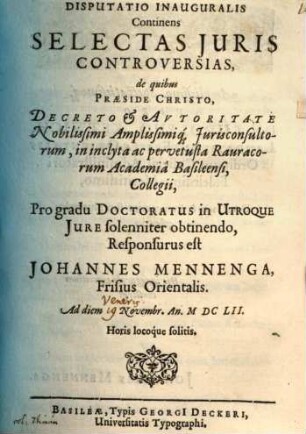 Disp. inaug. continens selectas iuris controversias