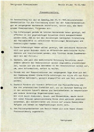 Flugschrift: Pressemitteilung. Sanigruppe Chamissoladen, 1980