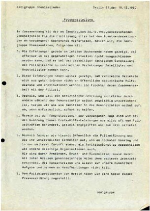 Flugschrift: Pressemitteilung. Sanigruppe               Chamissoladen, 1980