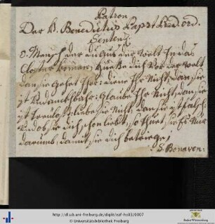 Beigelegter Zettel "Patron Der hl. Benedictus Papst Ord. Pred.".