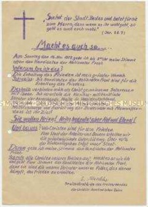 Hektografiertes Flugblatt eines CDU-Kreisverbandes mit dem Aufruf zur Unterstützung der Kandidaten der Nationalen Front bei der Volkskammerwahl 1958