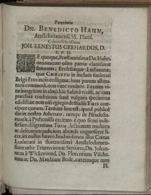 Pereximio Dn. Benedicto Hahn, Amstelodamensi, SS. Theol. Cultori felicissimo. Joh. Ernestus Gerhardus, D.