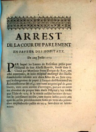 Arrest De La Cour De Parlement En Faveur Ees Hopitaux : Du cinq Juillet 1713.