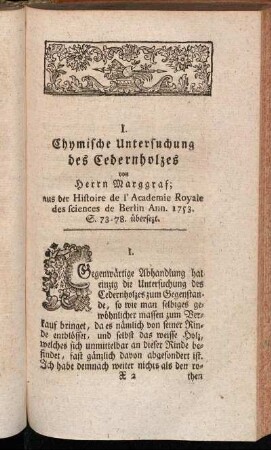 I. Chymische Untersuchung des Cedernholzes