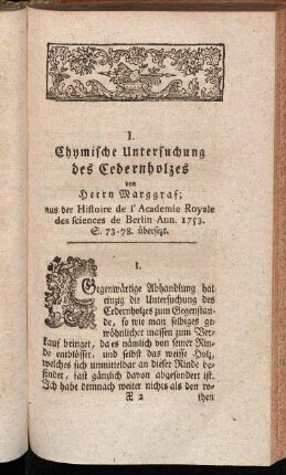 I. Chymische Untersuchung des Cedernholzes