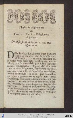Theses et cogitationes de Controversiis circa Religionem in genere.