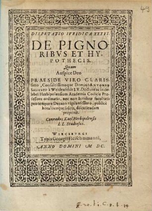 Disputatio Iuridica XXXVI. De Pignoribus Et Hypothecis
