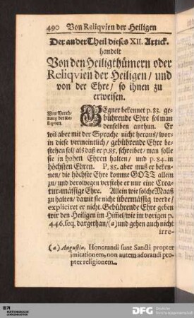 [...] Von den Heiligthümern oder Reliqvien der Heiligen, und von der Ehre, so ihnen zu erweisen.