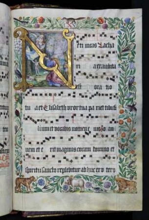 Zierseite mit Bordürenrahmen, Initiale mit Miniatur: N(eti meas Zacharia), Verkündigung der Geburt Johannes des Täufers an Zacharias