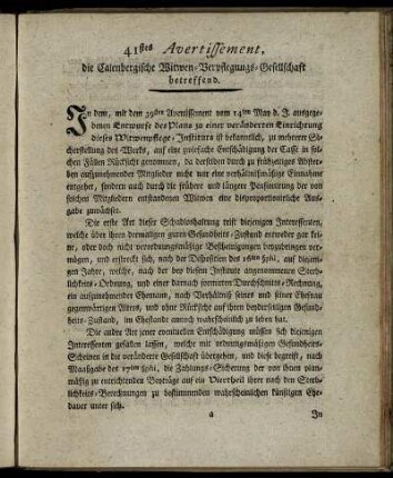 41: 41stes Avertissement, die Calenbergische Witwen-Verpflegungs-Gesellschaft betreffend