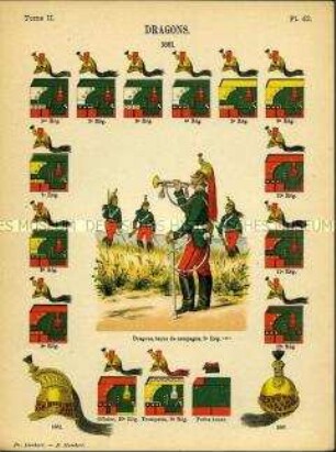 Uniformdarstellung, Dragoner-Trompeter und Dragoner des 5. Regiments, Detailstudien von Kopfbedeckungen und Abzeichen verschiedener Dragoner-Regimenter, Zweites Kaiserreich Frankreich, 1861.