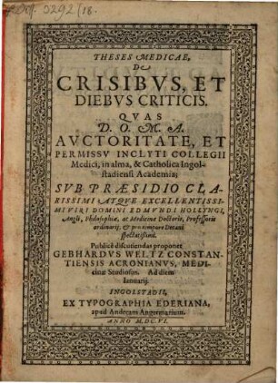 Theses Medicae, De Crisibvs, Et Diebvs Criticis