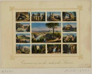 Bilderbogen mit einer großen (Basteiaussicht) und zwölf kleinen Ansichten der Sächsischen Schweiz