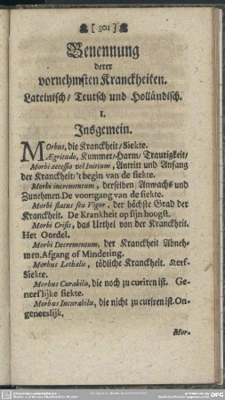 Benennung derer vornehmsten Kranckheiten. Lateinisch, Teutsch und Holländisch