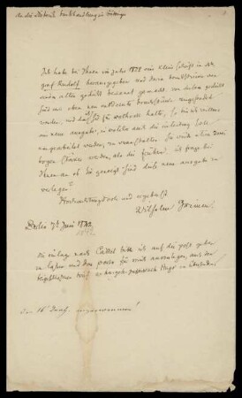 Brief von Wilhelm Grimm an Dieterichsche Buchhandlung, Göttingen