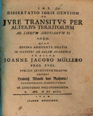 Dissertatio iuris gentium de iure transitus per alterius territorium