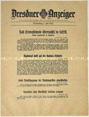 Nachrichtenblatt "Dresdner Anzeiger" u.a. zum Kampf um Sewastopol