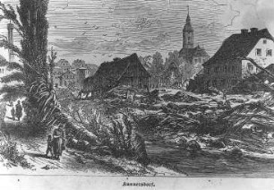 Schöpstal-Kunnersdorf. Pließnitztal in Kunnersdorfer nach der Flut, aus: Die Wassersnoth in der Königl. Sächs. Oberlausitz am 14. Juni 1880