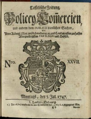Nro. XXVII, Montags, den 3. Jul. 1747