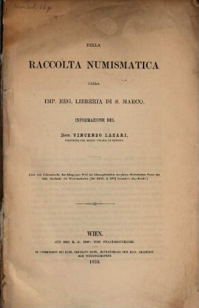 Della raccolta numismatica della Imp. Reg. Libreria di S. Marco