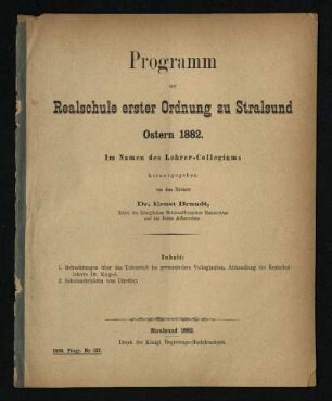 1881/82: Betrachtungen über das Totenreich im germanischen Volksglauben. Programm der Realschule Erster Ordnung zu Stralsund : Ostern ... - 1881/82