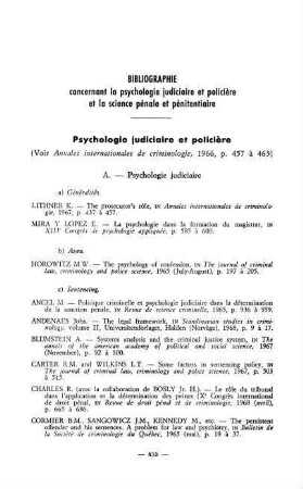 455-482, Bibliographie concernant la psychologie judiciaire et policière et la science pénale et pénitentiaire