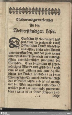 Nothwendiger vorbericht, An den Wolverständigen Leser