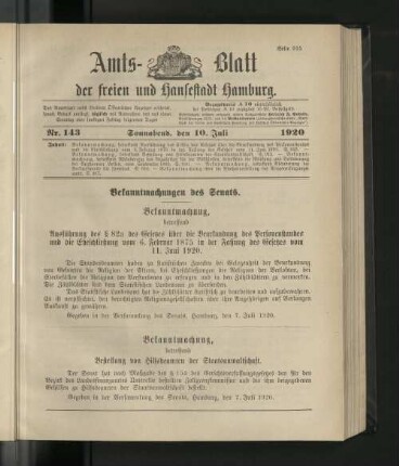 No. 143, 10. Juli 1920