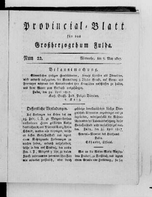 Num. 22, Ausgabe vom 7. Mai 1817