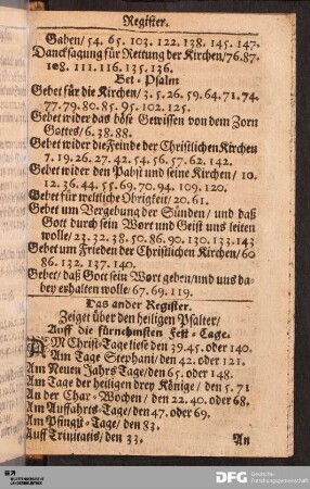 Das ander Register. Zeiget über den heiligen Psalter/ Auff die fürnehmsten Fest-Tage.