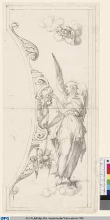 Segment-Dekoration mit Engel, Kopie der Vorzeichnung zu den Glasschnitten eines Heiltumsschreins nach Entw. von F. Sustris