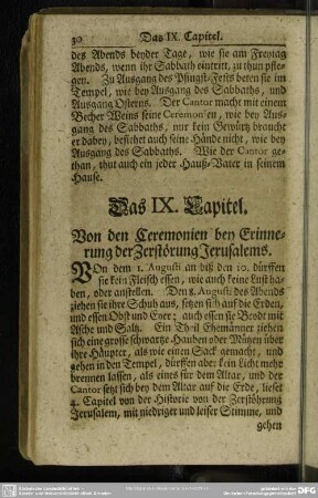 Das IX. Capitel. Von den Ceremonien bey Erinnerung der Zerstörung Jerusalems