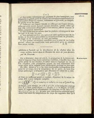 Addition à l´article sur la distribution de la chaleur dans les corps solides, inséré dans le Numéro du mois de juin dernier;