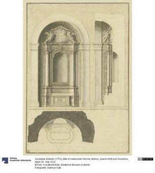 Altar in halbrunder Nische, Aufriss, Querschnitt und Grundriss
