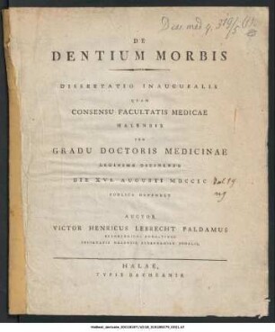 De Dentium Morbis : Dissertatio Inauguralis