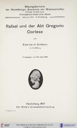 1912, 3. Abhandlung: Sitzungsberichte der Heidelberger Akademie der Wissenschaften, Philosophisch-Historische Klasse: Rafael und der Abt Gregorio Cortese