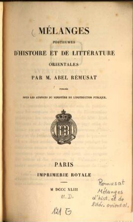 Mélanges posthumes d'histoire et de litterature orientales