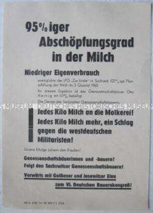 Propagandaflugblatt der Nationalen Front zur Steigerung der Milchproduktion