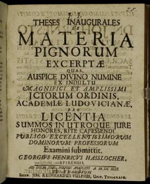 Theses Inaugurales Ex Materia Pignorum Excerptae