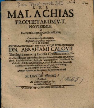 Malachias Prophetarum V. T. Novissimus