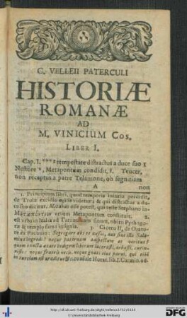 C. Velleii Paterculi Historiae Romanae Ad M. Vinicium Cos.