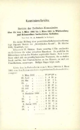 Bericht der Erdbeben-Kommission über die vom 1. März 1900 bis 1. März 1901 in Württemberg und Hohenzollern beobachteten Erdbeben