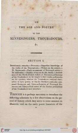 On the Age and Poetry of the Minnesingers, Troubadours, &c., Section I.