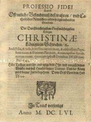 Katholisches Glaubensbekenntnis der Schwedischen Königin Christine 1656